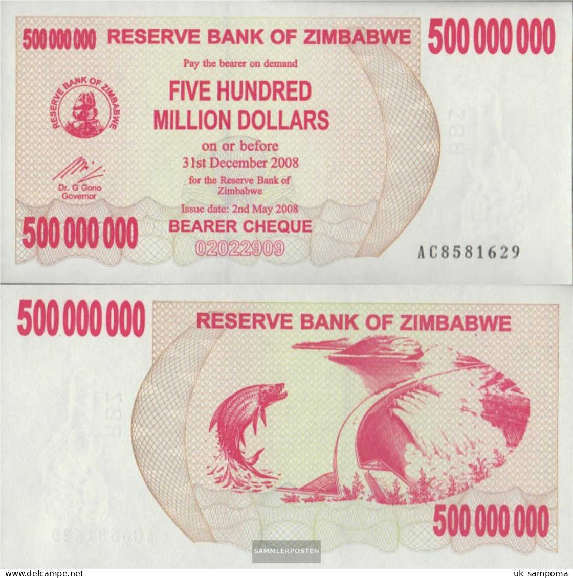 Zimbabwe Pick-number: 60 Uncirculated 2008 500 Million. Dollars - Zimbabwe