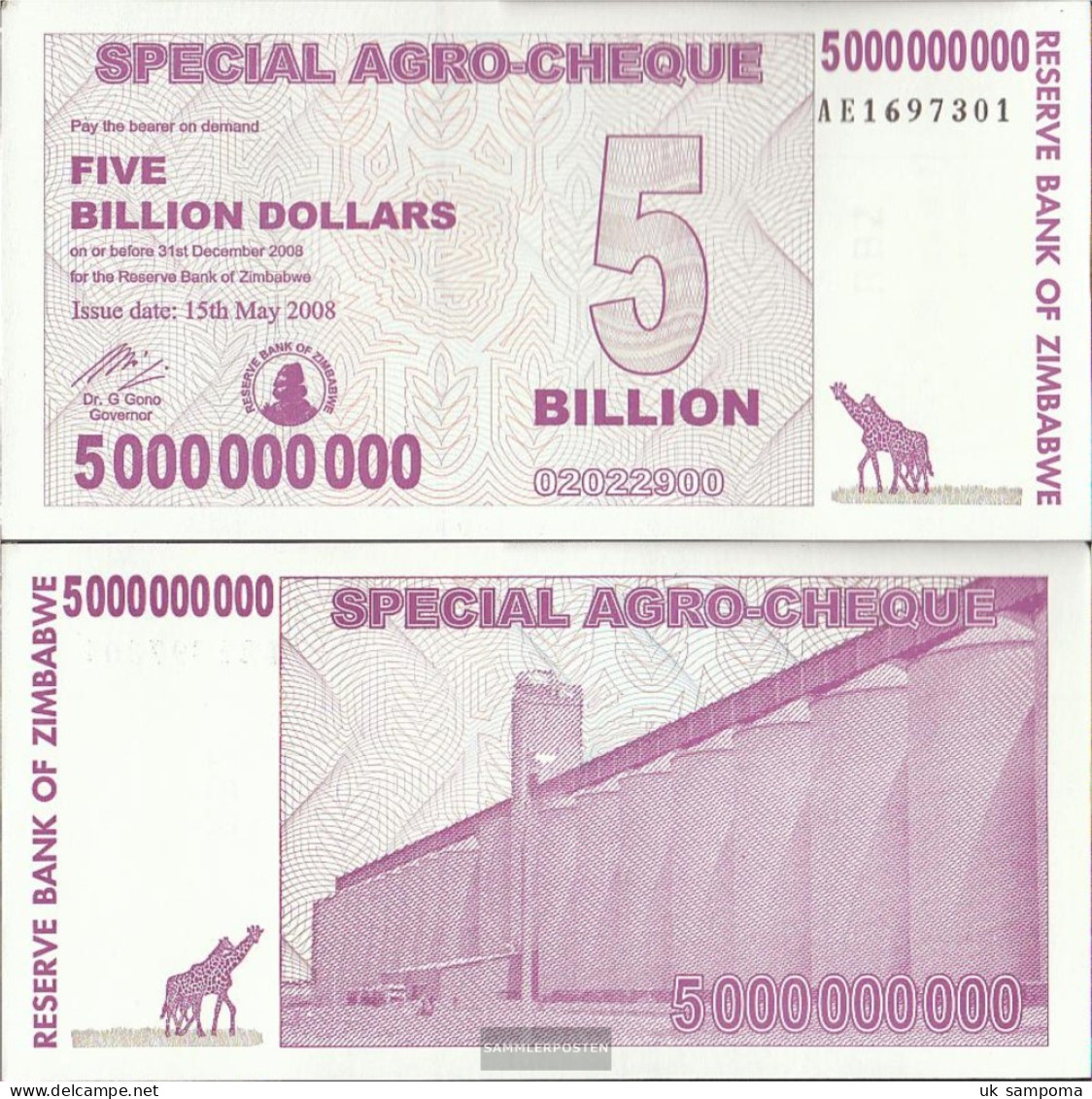 Zimbabwe Pick-number: 61 Uncirculated 2008 5 Billion US Dollars - Zimbabwe