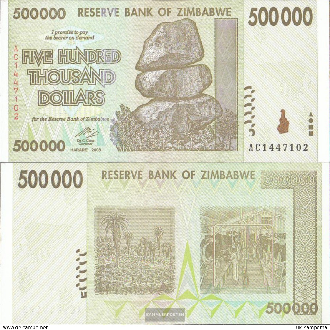Zimbabwe Pick-number: 76 Uncirculated 2008 500.000 Dollars - Zimbabwe