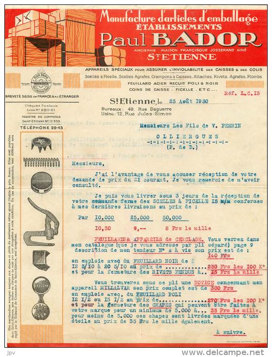 FACTURE LETTRE : ST ETIENNE . PAUL BADOR . MANUFATURE D'ARTICLES D'EMBALLAGE . 1930 . - 1900 – 1949