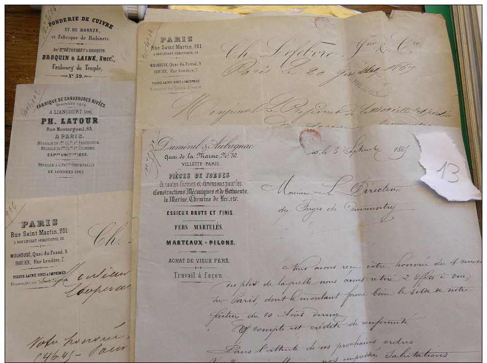 Lot 5 Lettre Manuscrit Fonderie Cuivre Broquin Chaussure Rivée Latour Lefebvre Dumenil  1867 - 1869 Forge - Manuscripts