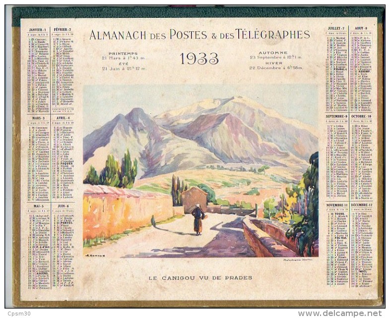 CALENDRIER GF 1933 - Le Canigou Vu De Prades (66 PO) - Imp Oberthur - Calendrier Double - Grand Format : 1921-40