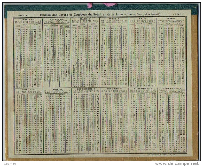 CALENDRIER GF 1933 - Le Canigou Vu De Prades (66 PO) - Imp Oberthur - Calendrier Double - Grand Format : 1921-40