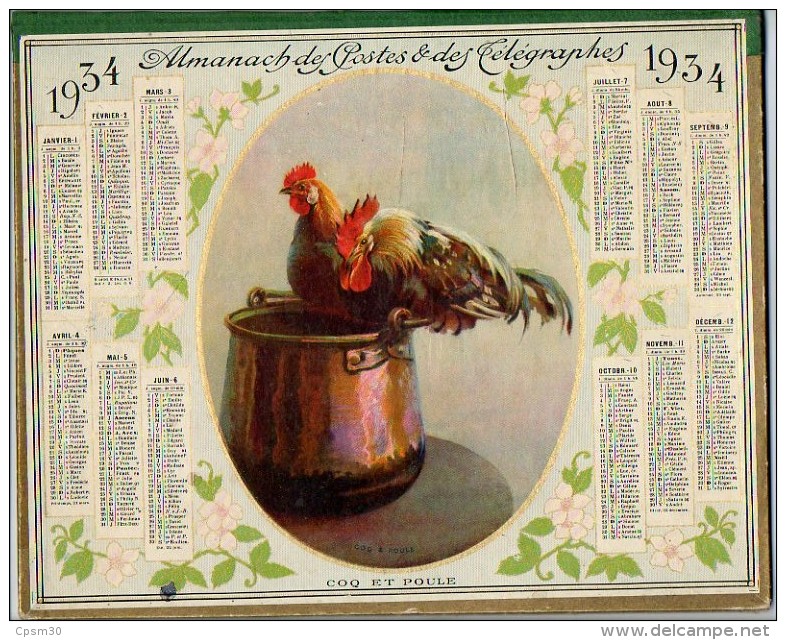 CALENDRIER GF 1934 - COQ Et POULE - Imp Oberthur - Calendrier Double - Grand Format : 1921-40