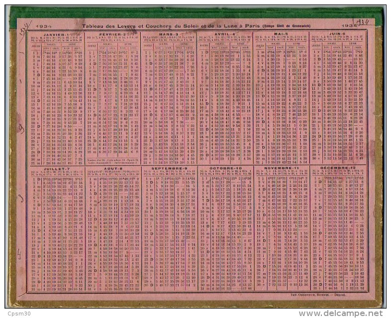 CALENDRIER GF 1934 - COQ Et POULE - Imp Oberthur - Calendrier Double - Grand Format : 1921-40