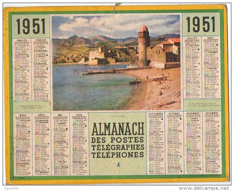 CALENDRIER GF 1951 - Collioure ( 66 PO ) - Imp Oberthur - Grand Format : 1941-60