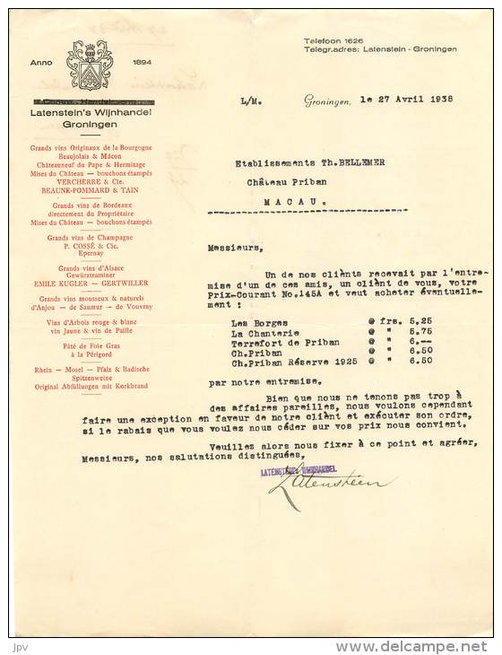 FACTURE LETTRE : GRONINGEN . LATENSTEIN'S WIJHANDEL GRONINGEN . GRANDS VINS DE BOURGOGNE . 1938 . - Netherlands