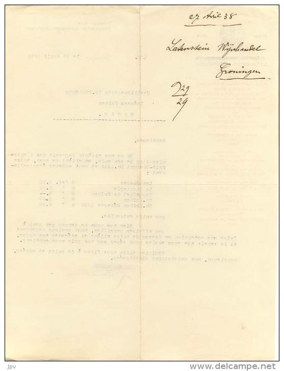 FACTURE LETTRE : GRONINGEN . LATENSTEIN'S WIJHANDEL GRONINGEN . GRANDS VINS DE BOURGOGNE . 1938 . - Nederland