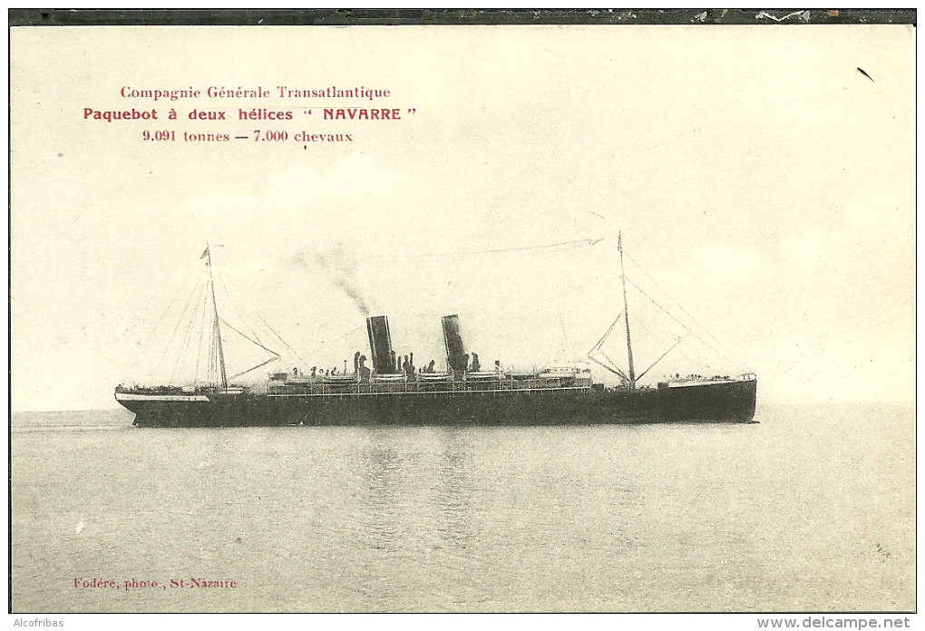 Bateau Marine Marchande  Compagnie Generale Transatlantique Paquebot A Deux Helices Navarre - Steamers