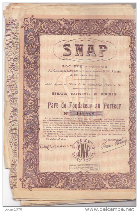 SNAP / SOCIETE ANONYME / SIEGE SOCIAL A PARIS 1926 - Autres & Non Classés
