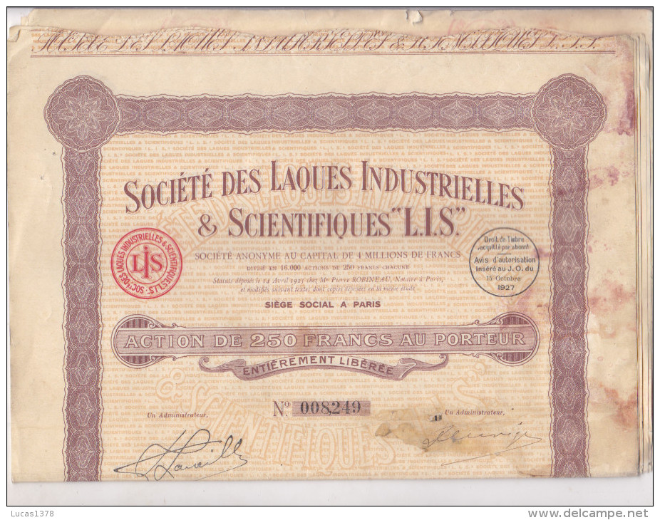 SOCIETE DES LAQUES INDUSTRIELLES / ACTION DE 250 FRANCS - Autres & Non Classés