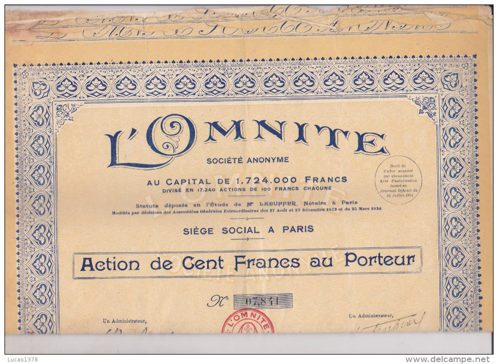 L OMNITE / ACTION DE 100 FRANCS - Autres & Non Classés