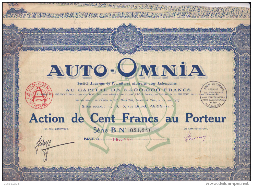 AUTO OMNIA / ACTION DE CENT FRANCS - Autres & Non Classés