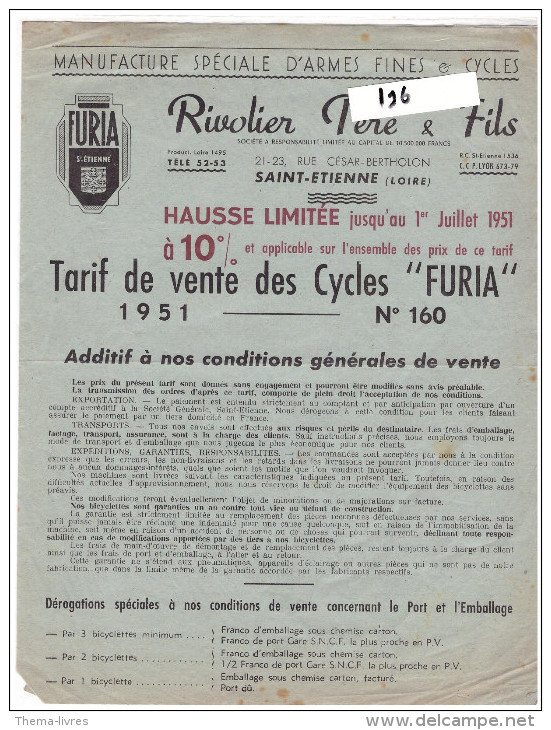 Tarif De Vente Des Cycles FURIA De RIVOLIER 1951 (illustré) (CAT196) - Sport En Toerisme