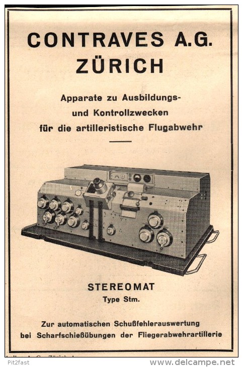 Original Werbung - 1939 - Apparat Zur Flugabwehr , Stereomat , Artillerie , Flak , Fliegerabwehr  Conraves AG In Zürich - Aviation