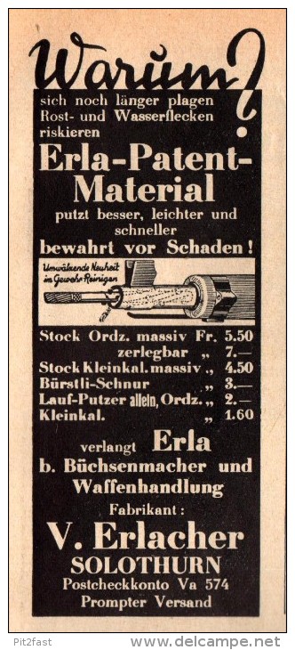 Original Werbung - 1939 - Reiniger Für Gewehr Und Pistole , V. Erlacher In Solothurn , Erla-Patent !!! - 1939-45