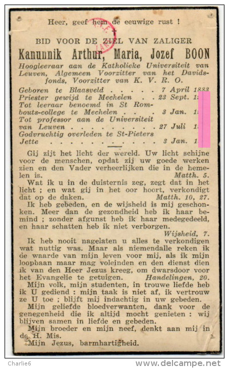 Boon Arthur Maria Jozef Priester Kanunnik Blaasveld Sint-pieters Jette 1883 1933  Bidprentje Doodsprentje - Religion & Esotérisme