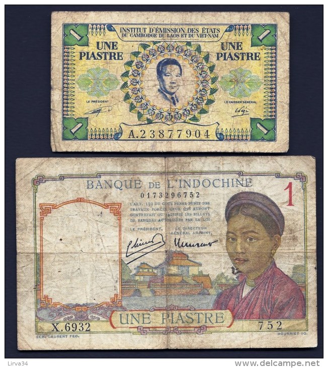 LOT 2 BILLETS INDOCHINE + INSTITUT D'ÉMISSION DES ETATS CU CAMBODGE...-1 PIASTRE- 2 SCANS - Indocina