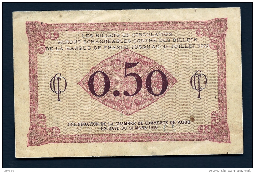 BILLET DE FRANCE- CHAMBRE DE COMMERCE DE PARIS 50 CTS 1929- 2 SCANS - Handelskammer