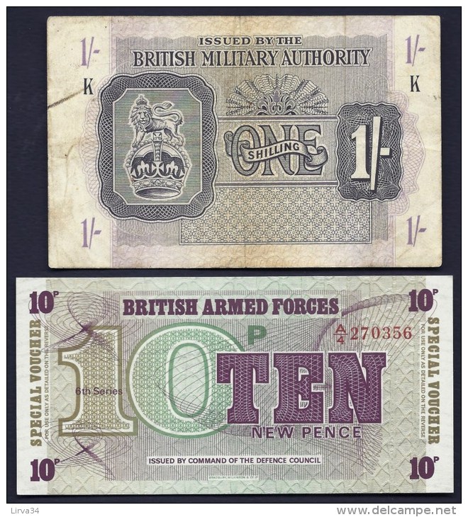 BILLET GRANDE BRETAGNE MILITARY AUTORITY- 1 SHILLING  USAGÉ + FORCES SPECIALES 10 PENCE NEUF- 2 SCANS - British Military Authority
