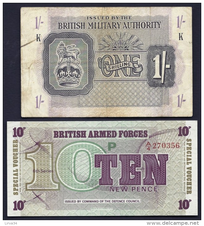 BILLET GRANDE BRETAGNE MILITARY AUTORITY- 1 SHILLING  USAGÉ + FORCES SPECIALES 10 PENCE NEUF- 2 SCANS - Autorità Militare Britannica