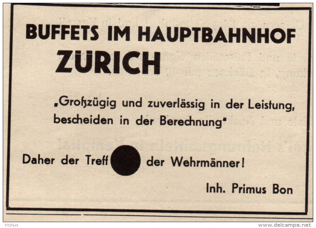 Original Werbung - 1939 - Treff Der Wehrmänner , Hauptbahnhof Zürich , Bahnhof , Primus Bon , Soldaten !!! - 1939-45