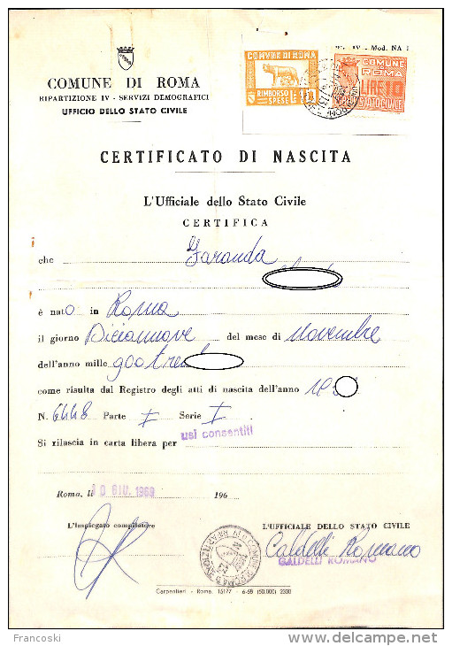 COMUNE DI ROMA-MARCHE FISCALI-ITALY MUNICIPAL REVENUE-REVENUS MINICIPAUX-1969--1969- - Fiscale Zegels