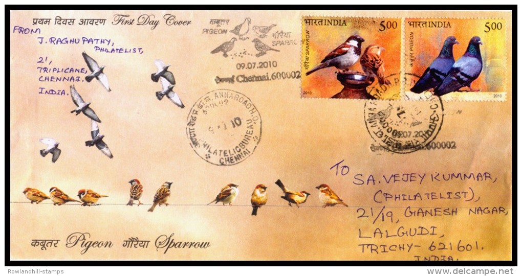 India, 2010, BIRDs, PIGEON & SPARROW, Transmitted First Day Cover, Bird, Fauna, Nature, Sparrow, Pigeon. - Sparrows