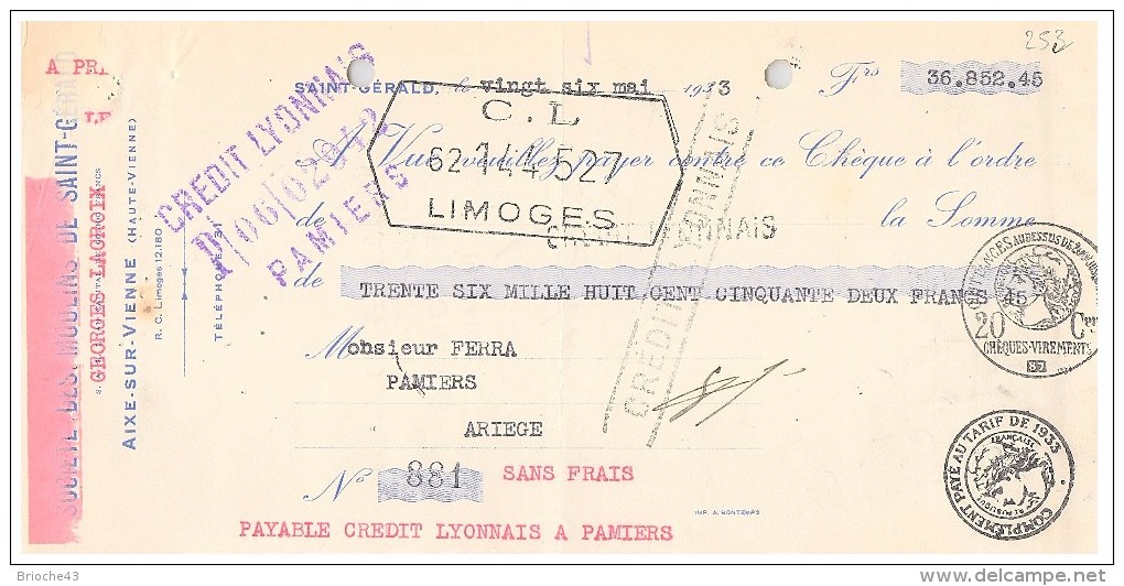 MANDAT. HAUTE-VIENNE AIXE-SUR-VIENNE. SOCIETE DES MOULINS DE SAINT GERALD GEORGES LACROIX 1933 / 253 - Lettres De Change