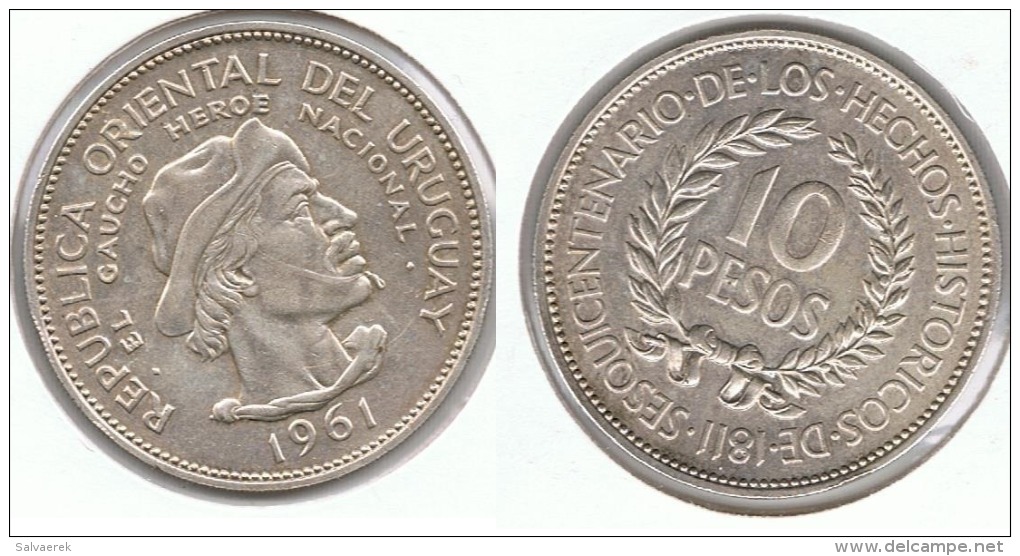 URUGUAY 10 PESOS GAUCHO 1961 PLATA SILVER - Uruguay