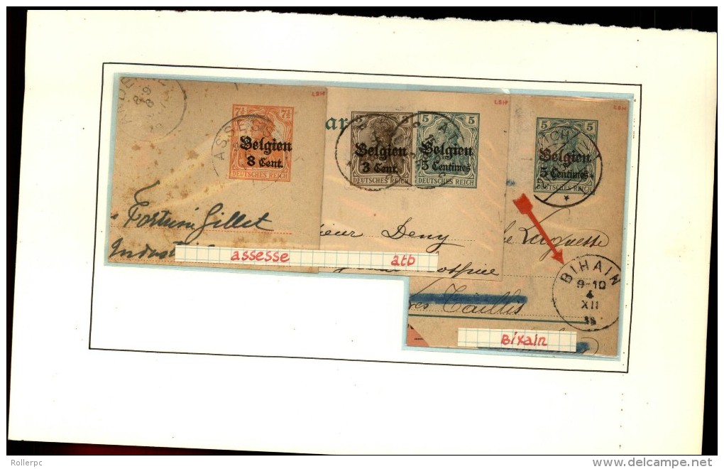 100251 GERMANIA BELGIEN OVERPRINT 5,8&10c CUT SQUARE POSTAL CARDS-MOUNTED-54 TOWN CANCELS[DCDS BRIDGE,23MM &28MM CDSs] - German Occupation