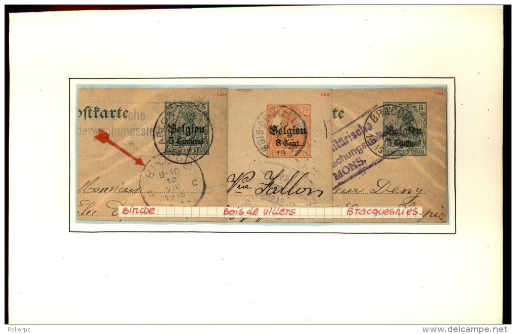 100251 GERMANIA BELGIEN OVERPRINT 5,8&10c CUT SQUARE POSTAL CARDS-MOUNTED-54 TOWN CANCELS[DCDS BRIDGE,23MM &28MM CDSs] - German Occupation