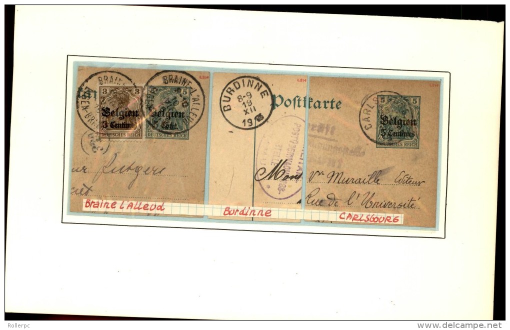 100251 GERMANIA BELGIEN OVERPRINT 5,8&10c CUT SQUARE POSTAL CARDS-MOUNTED-54 TOWN CANCELS[DCDS BRIDGE,23MM &28MM CDSs] - German Occupation