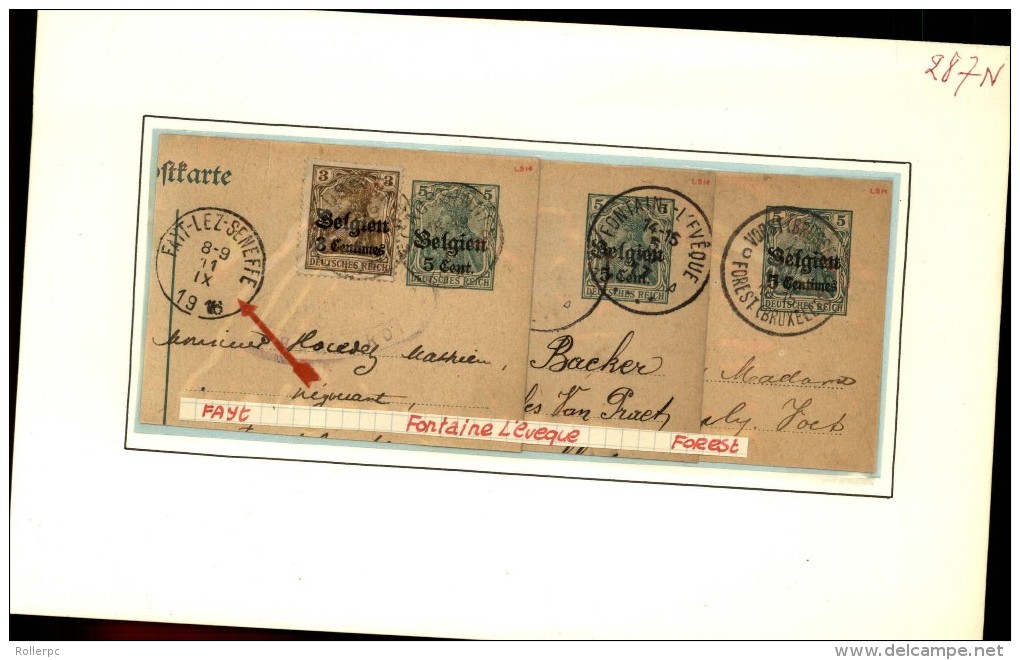 100251 GERMANIA BELGIEN OVERPRINT 5,8&10c CUT SQUARE POSTAL CARDS-MOUNTED-54 TOWN CANCELS[DCDS BRIDGE,23MM &28MM CDSs]