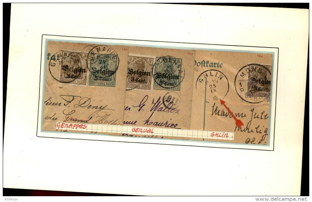 100251 GERMANIA BELGIEN OVERPRINT 5,8&10c CUT SQUARE POSTAL CARDS-MOUNTED-54 TOWN CANCELS[DCDS BRIDGE,23MM &28MM CDSs]