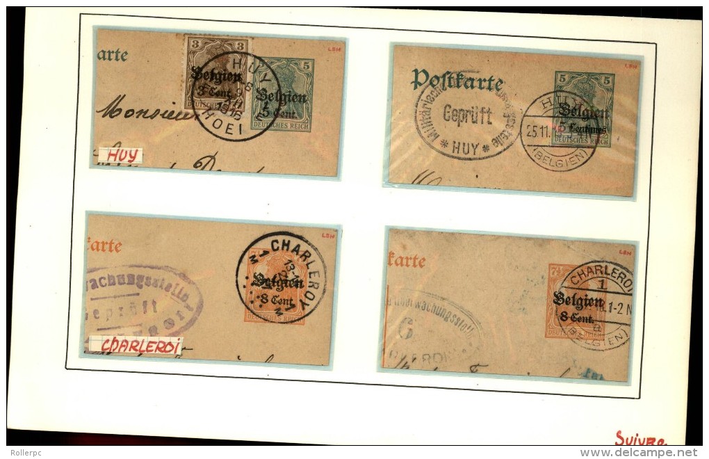 100251 GERMANIA BELGIEN OVERPRINT 5,8&10c CUT SQUARE POSTAL CARDS-MOUNTED-54 TOWN CANCELS[DCDS BRIDGE,23MM &28MM CDSs]