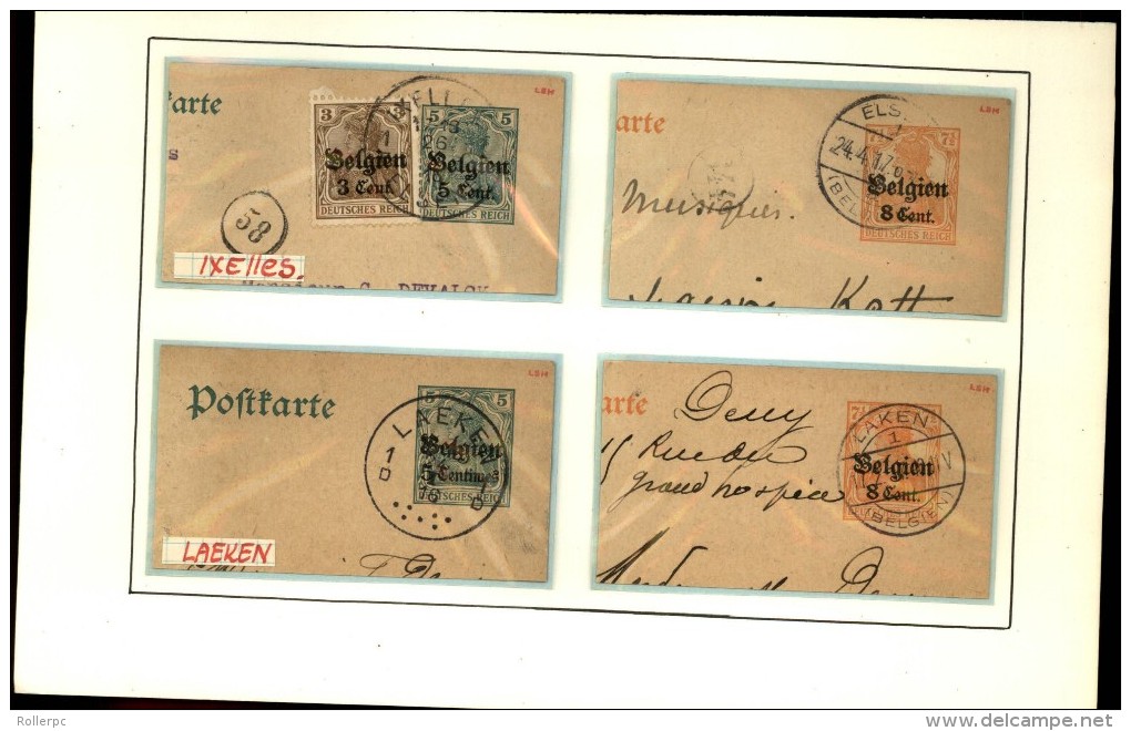 100251 GERMANIA BELGIEN OVERPRINT 5,8&10c CUT SQUARE POSTAL CARDS-MOUNTED-54 TOWN CANCELS[DCDS BRIDGE,23MM &28MM CDSs]