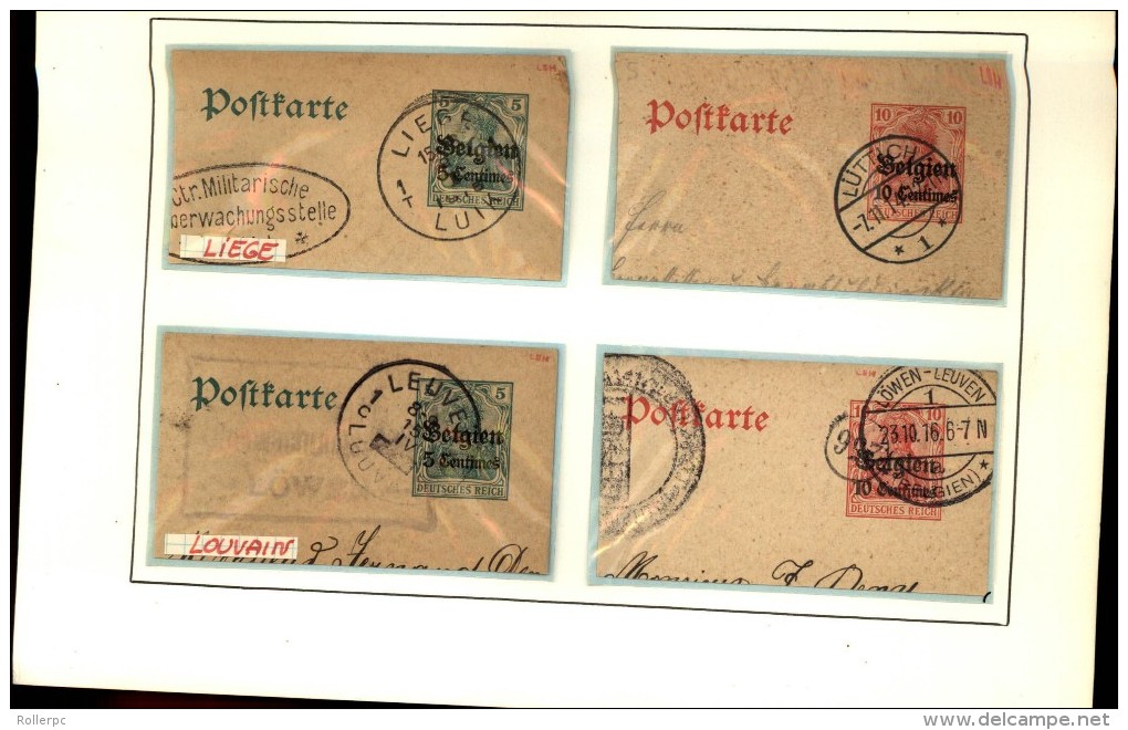 100251 GERMANIA BELGIEN OVERPRINT 5,8&10c CUT SQUARE POSTAL CARDS-MOUNTED-54 TOWN CANCELS[DCDS BRIDGE,23MM &28MM CDSs]