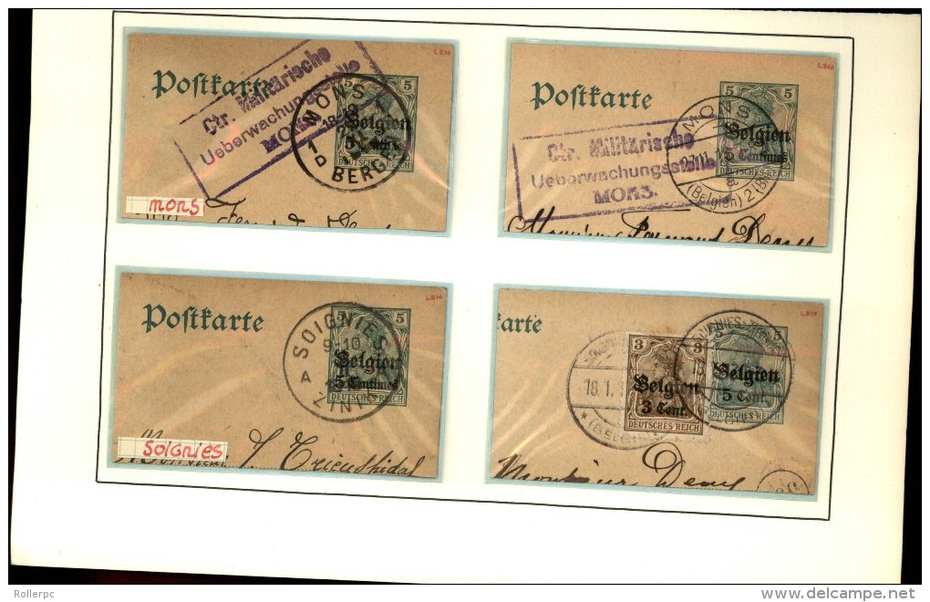 100251 GERMANIA BELGIEN OVERPRINT 5,8&10c CUT SQUARE POSTAL CARDS-MOUNTED-54 TOWN CANCELS[DCDS BRIDGE,23MM &28MM CDSs]