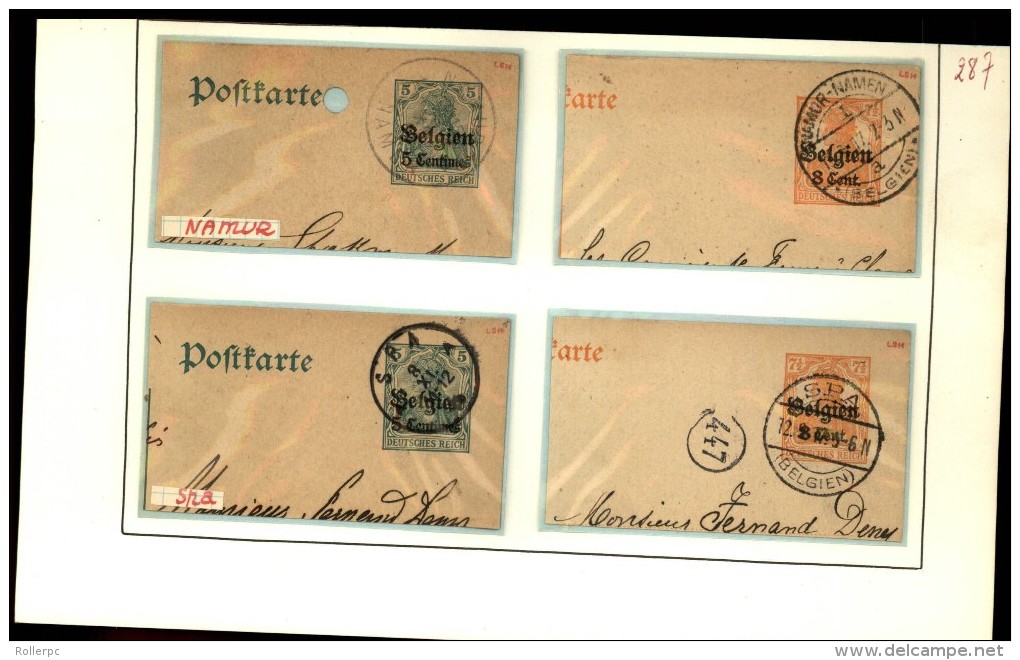 100251 GERMANIA BELGIEN OVERPRINT 5,8&10c CUT SQUARE POSTAL CARDS-MOUNTED-54 TOWN CANCELS[DCDS BRIDGE,23MM &28MM CDSs]