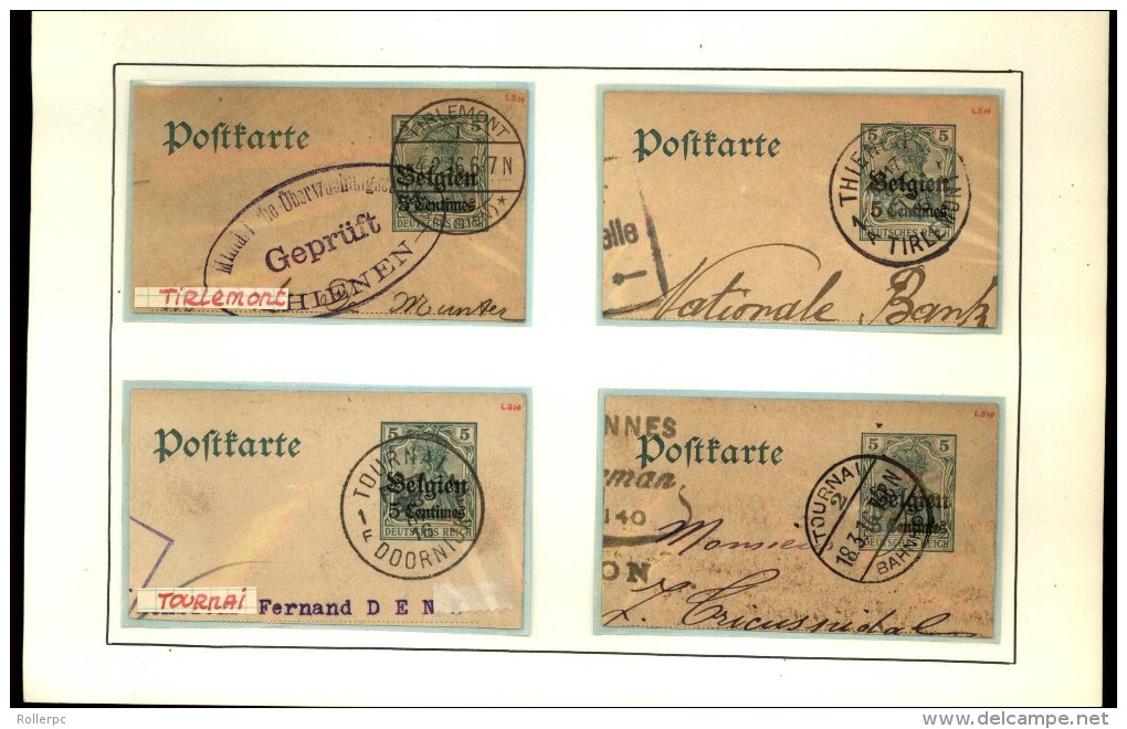 100251 GERMANIA BELGIEN OVERPRINT 5,8&10c CUT SQUARE POSTAL CARDS-MOUNTED-54 TOWN CANCELS[DCDS BRIDGE,23MM &28MM CDSs]