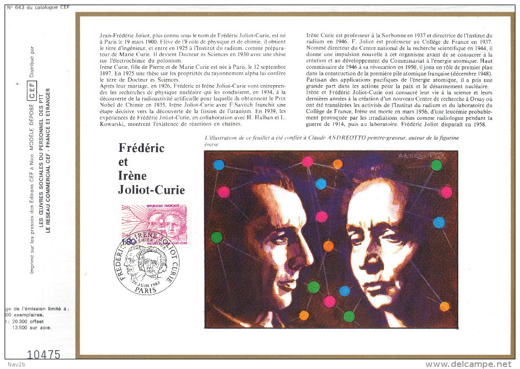 Sur Feuillet CEF , FDC Paris 1982 . Frédéric Et Irène JOLIOT - CURIE , Prix Nobel De Chimie 1935... Fission De L'Uranium - Prix Nobel