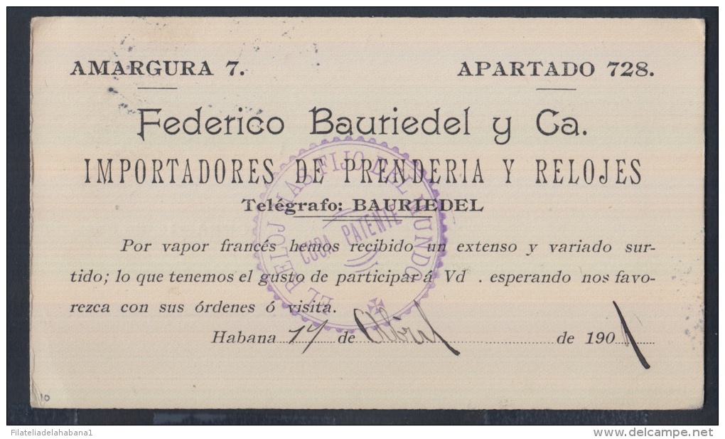 1899-EP-81 CUBA 1899. Ed.39. 1c. TARJETA ENTERO POSTAL. HABANA  A P. DEL RIO. IMPRESO COMERCIAL DE RELOJES. 1901 - Brieven En Documenten