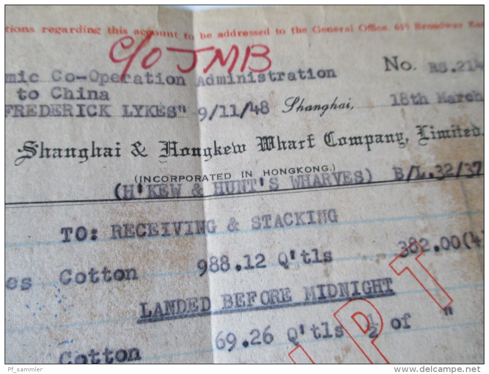 China Shanghai 1949 Beleg / Rechnung / Receipt. Hongkew Wharf Campany. 214 Bales Cotton. Frederick Lykes.