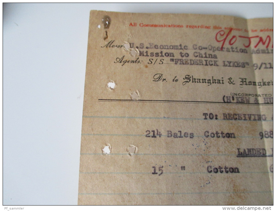 China Shanghai 1949 Beleg / Rechnung / Receipt. Hongkew Wharf Campany. 214 Bales Cotton. Frederick Lykes.