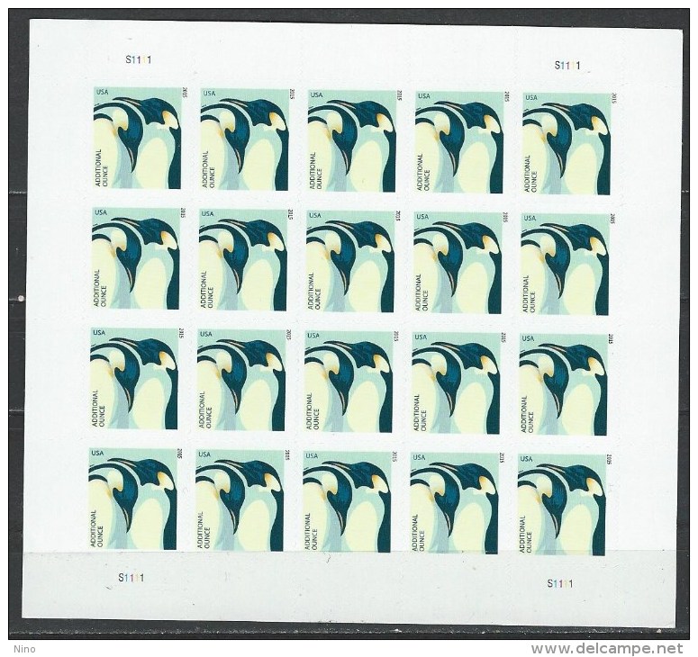 USA. Scott # 4989 MNH Sheet Of 20 For Additional Oz. Letter. Penguins 2015 - Feuilles Complètes