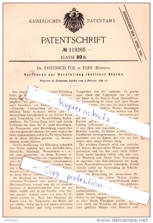 Original Patent - Dr. Friedrich Fol In Eger / Cheb , Böhmen , 1898 , Herstellung Löslicher Stärke !!! - Historische Dokumente