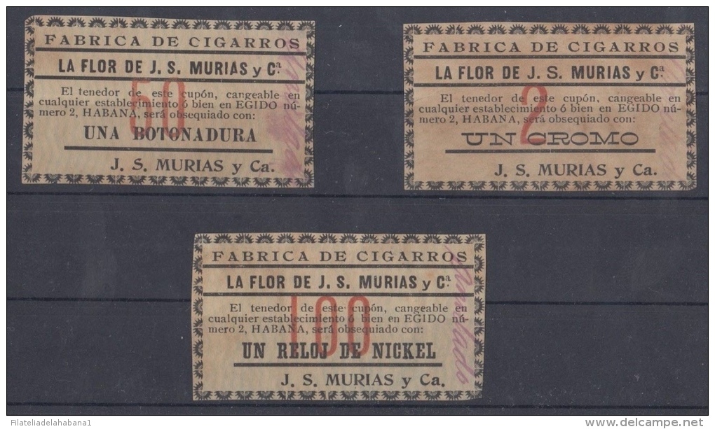 TAB-9 CUBA SPAIN ESPAÑA. TOBACCO. TICKET DE PREMIOS. FABRICA J. S. MURIAS. S.XIX. RELOJ. BOTONADURA. - Cigar Bands