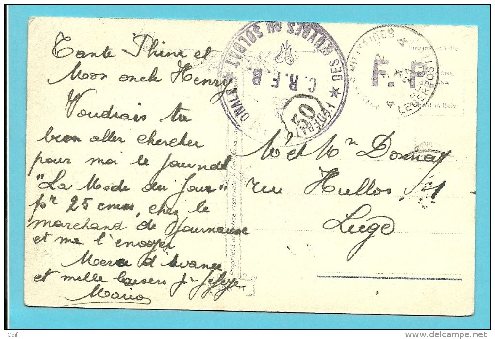 Kaart Met Stempel PMB 4 / 1921 Met Stempel FEDERATION NATIONALE DES OEUVRES DU SOLDAT / C.R.F.B. - Marcas De La Armada