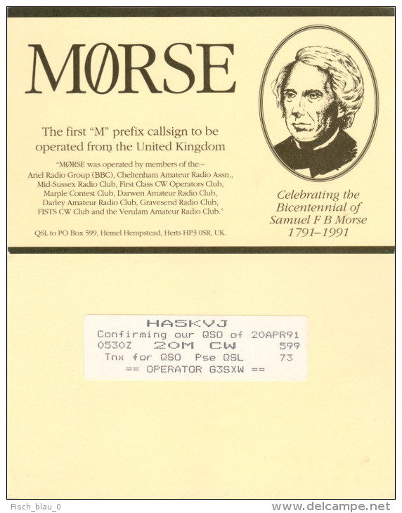 QSL-Karte Großbritannien HA5KVJ 1991 Samuel F B Morse Mørse Hemel Hempstead Card Radio Card Funkkarte United Kingdom - Sonstige & Ohne Zuordnung